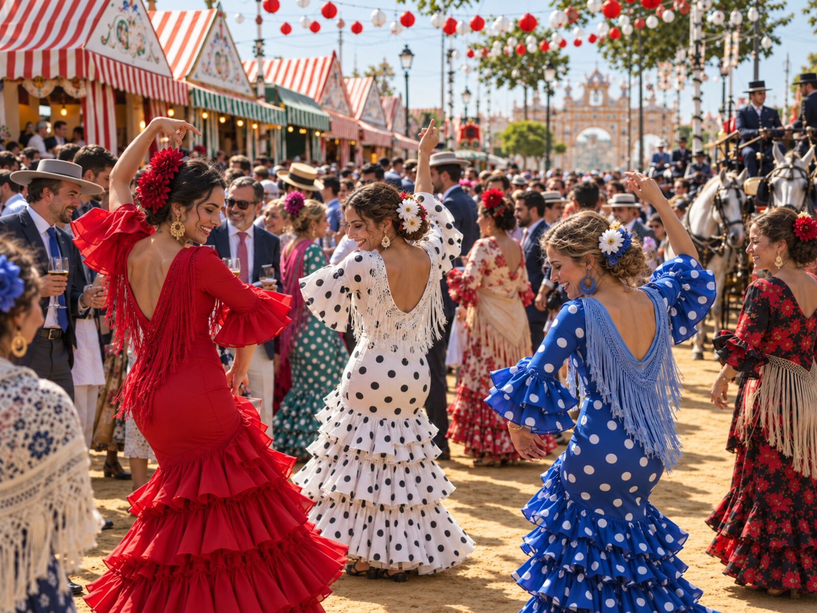 Mujeres con traje de flamenca bailando sevillanas sobre el albero, con casetas, farolillos y la portada al fondo